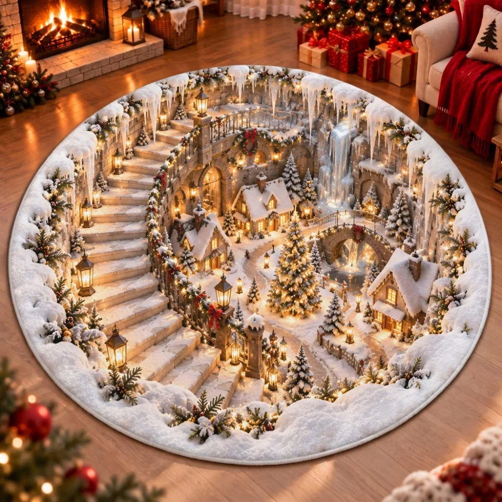 Christmas Snow Village Circle Rug Gorgeous Entryway Ice Cascade Castle Design Beautiful Living Room Bedroom Floor Bounty