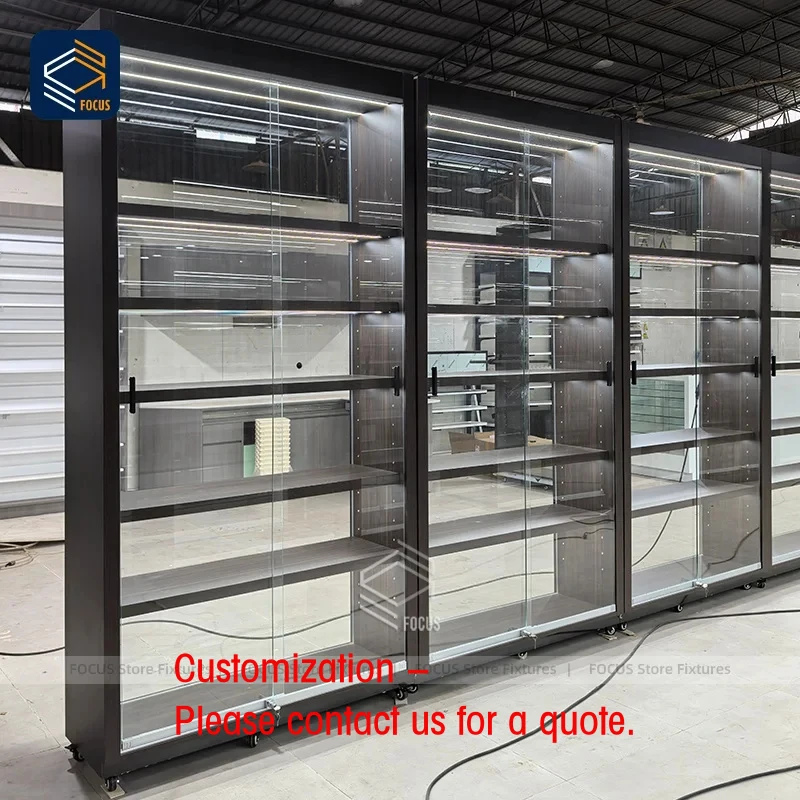 

custom.Retail Display Cabinet Sliding Glass Wooden Framed Lockable Shelving Units with LED Lighting