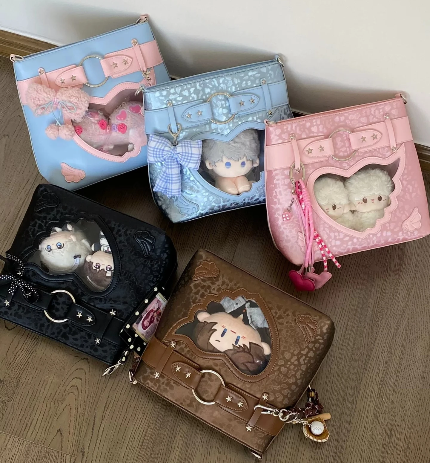Sweet Heart Shape Window Ita Bag Women Kawaii Leopard Print Crossbody Shoulder Bag for Plush Doll Anime Pin Badge Display