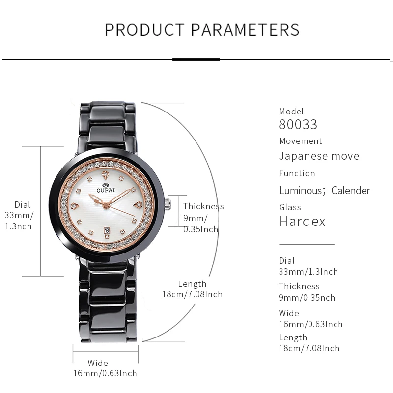 Часы Oupai, женские черные керамические ремешки со стразами, японский кварцевый механизм, модный тренд, простые водонепроницаемые светящиеся часы