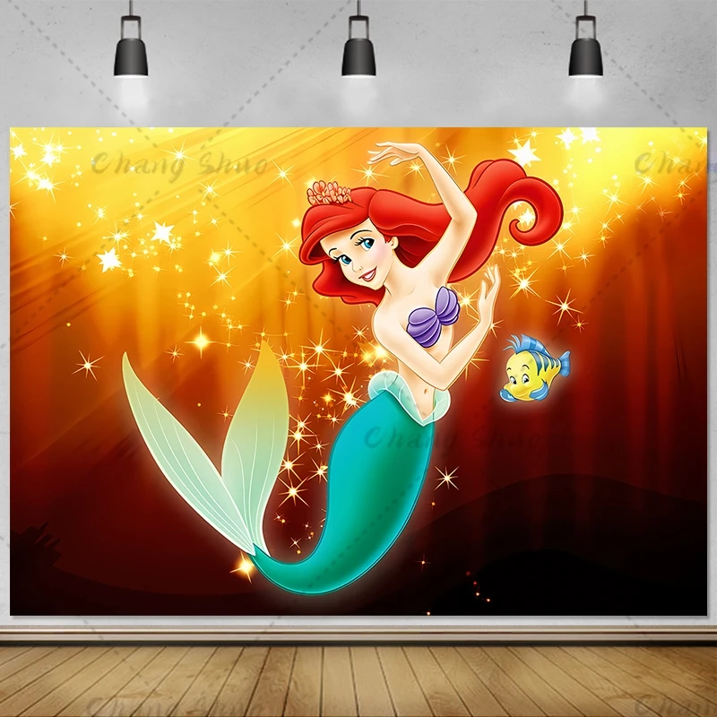 Disney Mermaid Ariel Princess Backdrop for Baby Girls First Birthday Party Decor Supplies Baby Shower Photography Background