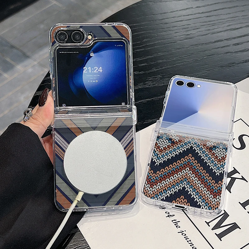 Magnetic Weave Texture Pattern Phone Case For Samsung Galaxy Z Flip 7 FE 7 6 5 4 Flip7 Flip6 Flip5 For Magsafe Hard Back Cover