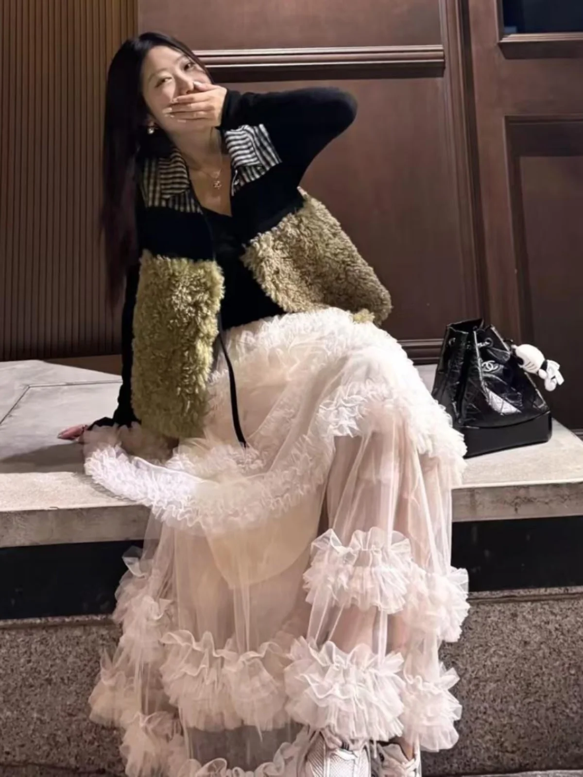 

Handmade A-Line Skirt Half-Length Women's Net Skirt Anti-Light Three-Layer Pure Color Mid-Waist Design Party Wear