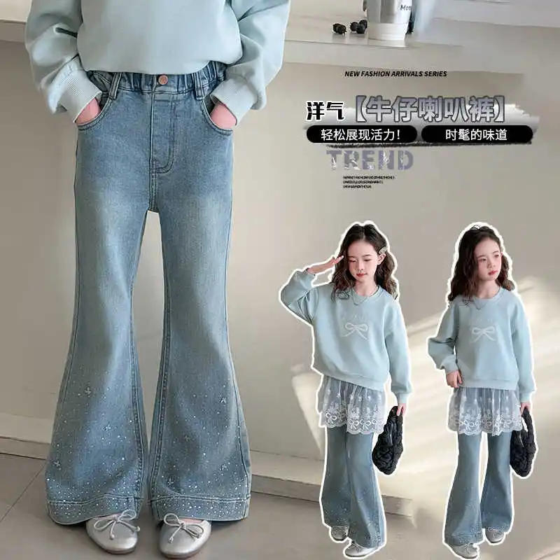 جينز بناتي: جينز بناتي مرصع بحجر الراين، جينز متوهج بنمط ربيعي جديد، مناسب للأطفال من سن 7 إلى 14 عامًا