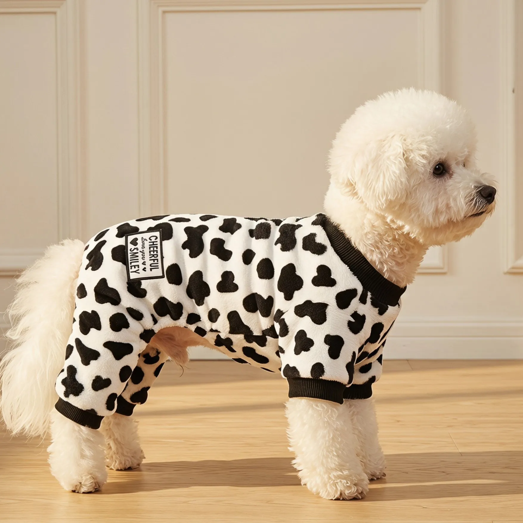 1 Stück Hundebekleidung mit vier Beinen, Hundepyjama mit Kuhmuster, weicher Plüsch-Hundeanzug mit Stoffetikett-Dekoration – Detail 5
