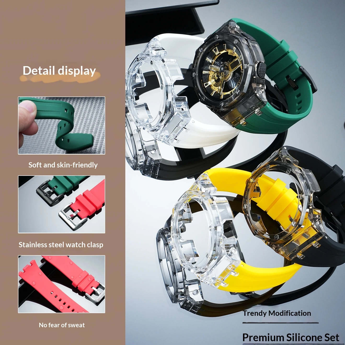 For Casio GA110 GA100 GA120 Octagonal CasiOak Full DIY Replacement Set Clear Transparent Silicone Case Strap Watch Accessory Kit
