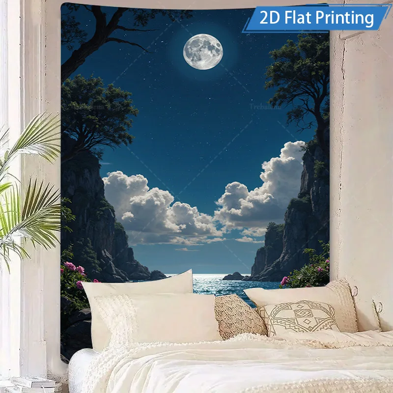 1pc Wall Tapestry "Starry Night Moonlight Ocean Scene Tapestry - Nature Landscape Wall Art"