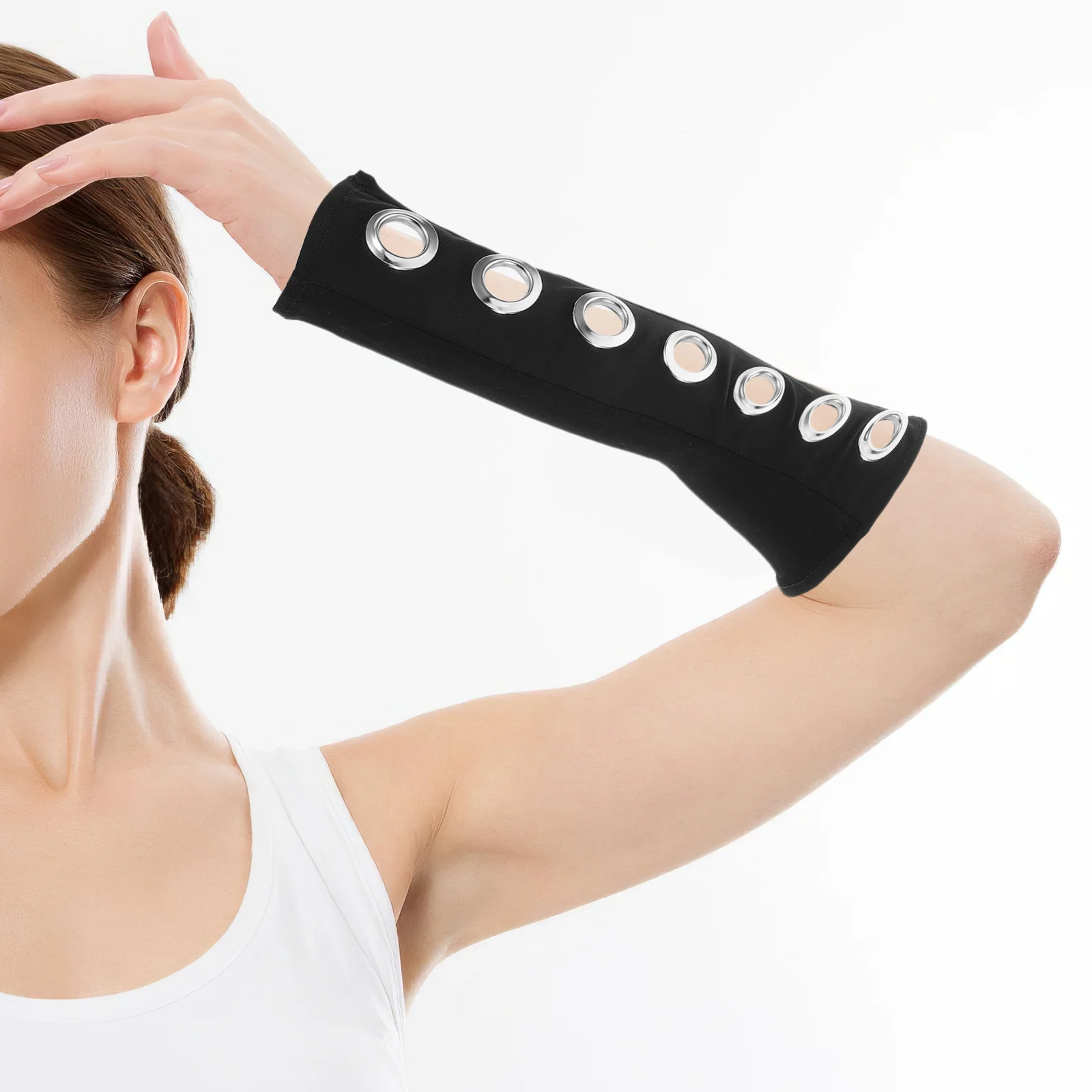 

1Pair Punk Hollow Ring Mesh Arm Sleeves Fingerless Gloves Elastic Fit Breathable Sun Protection Goth Rock Style Arm Warmers