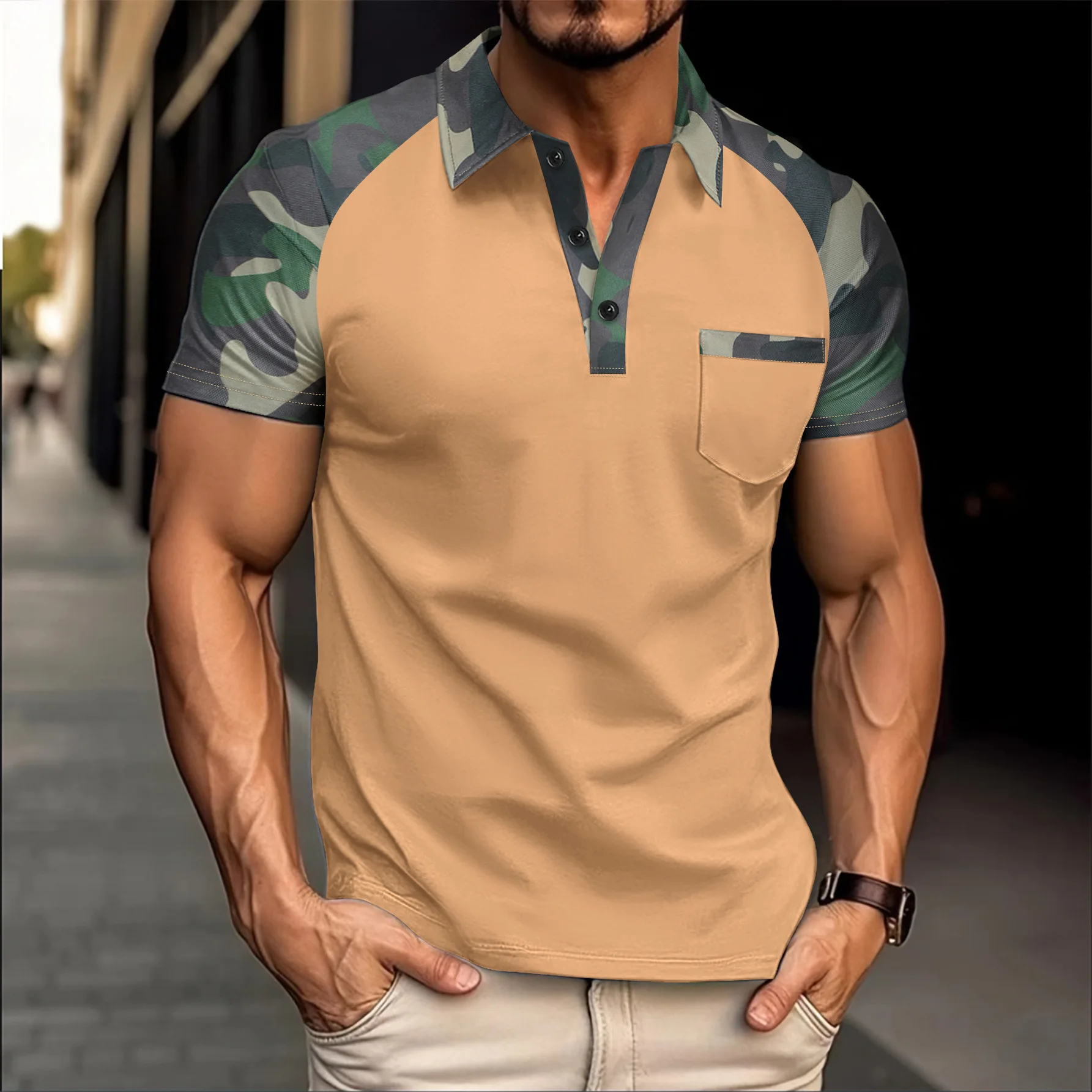 

Men's camouflage crossover sleeve polo shirt, color-block short-sleeved casual top, with chest pocket, button-front design。
