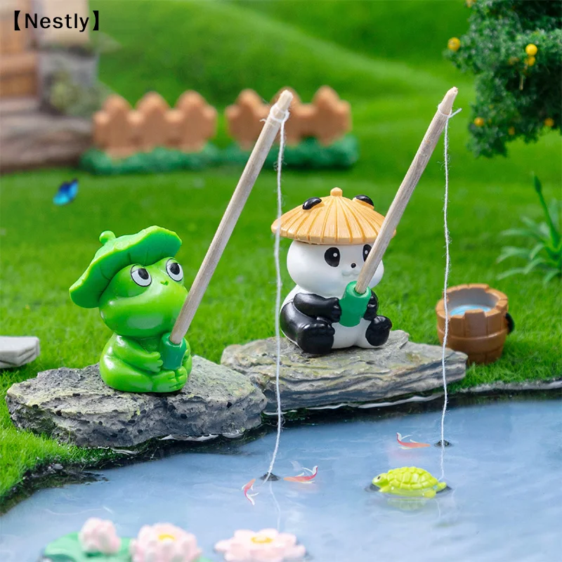 Fishing Frog Panda Figurines Ornament Creative Cartoon Animal Figure Doll Fish Tanks Aquarium Hangable Decor Desktop Decor〔Nest〕