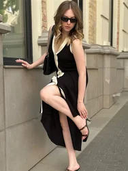 V-Hals Mouwloze Single Breasted Geribbelde Gebreide Jurk Vrouwen Bodycon Lange Jurk Contrast Kleur Vest Sexy Zomer Jurk