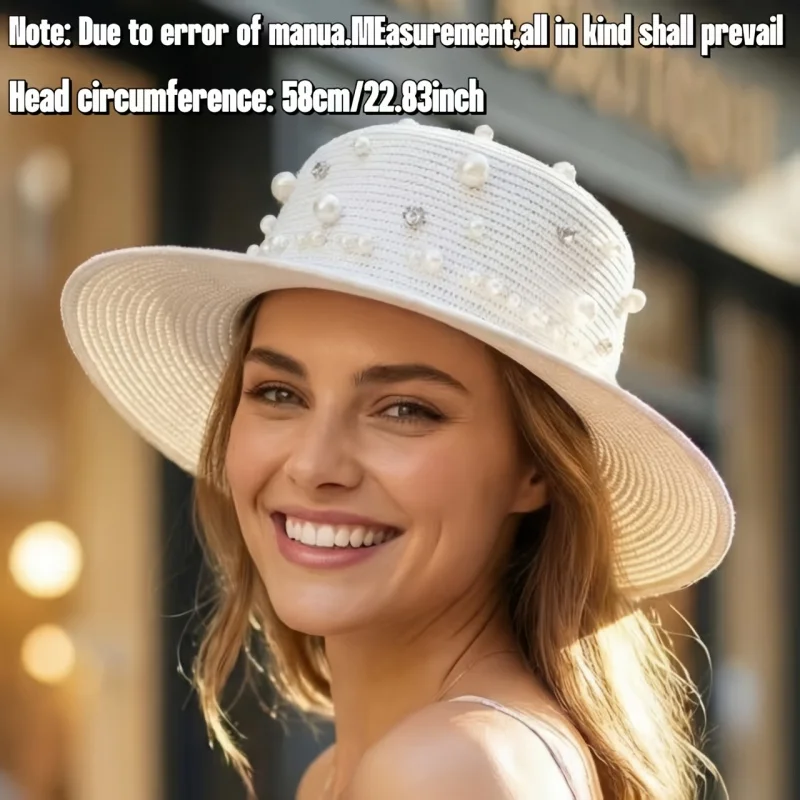 Pearl Rhinestone Decorated Summer Straw Hat Fashion Breathable Versatile Women'S Sun Beach Sunshade Cap(Random Position )