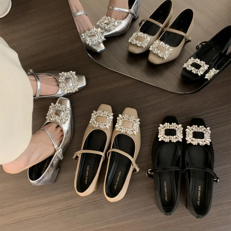 الفضة مسطحة القاع النمط الفرنسي أحذية نسائية وصول جديد ربيع الخريف رئيس مربع حجر الراين أحذية السهرة الحمراء #1