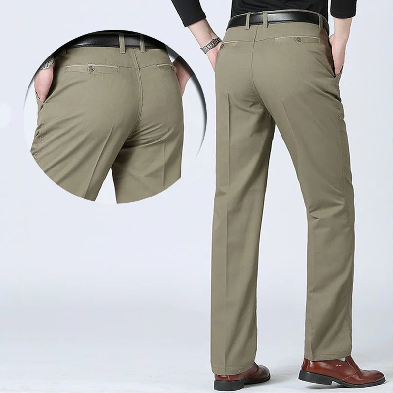 

Men's Summer Thin Business 100% Cotton Pants Autumn Thick Classic Solid Casual High Waist Trousers Office Brand Cargo Pants