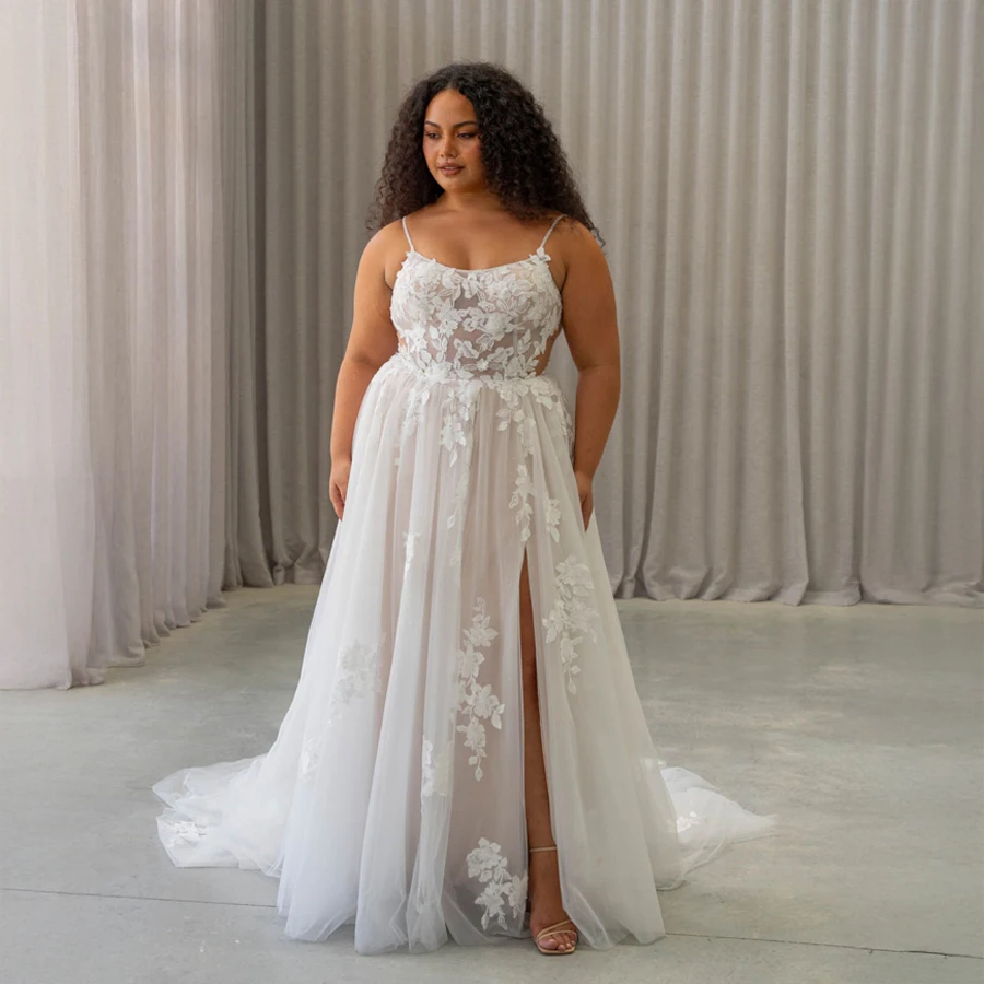 Customized Elegant Wedding Dress Spaghetti Straps Plus Size Applique Lace Slit Champagne for a Dreamy Bridal Dress