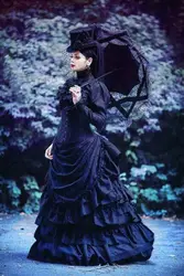 Customized   Black Gothic Puffy Prom Dresses High Heck Long Sleeve Halloween Renaissance Victorian lace-up Corset Evening Gown