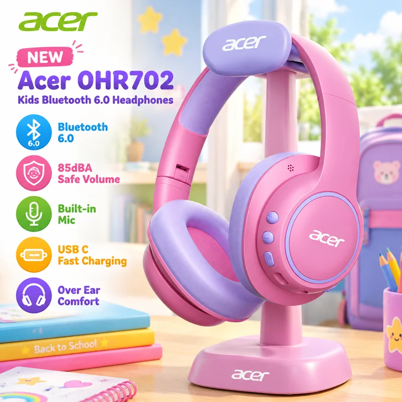 Novo Acer OHR702 Fone de Ouvido Infantil Bluetooth 6.0 Over-Ear com Microfone, Volume Seguro 85dBA, Carregamento Rápido USB C para Bebês e Crianças
