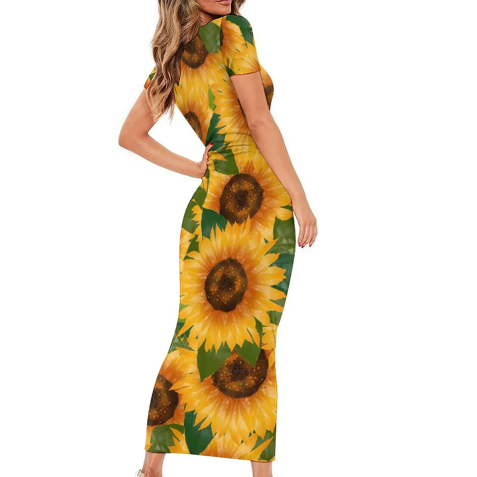 Gelbes Sonnenblumen kleid Kurzarm blumen drucken ästhetische Maxi kleider elegantes figur betontes Kleid weibliche Grafik übergroße Vestido