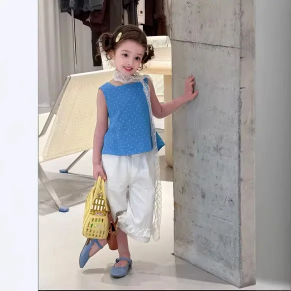2026 Children's Girls' Clothing Sets Light Blue Polka Dot Top with Cropped Pants Summer New Fashionable Temperament Kids Outfits