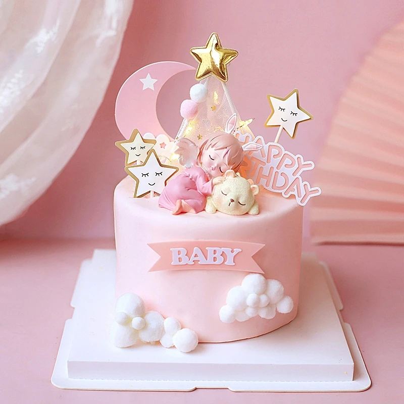 Clouds Moon Stars Sleeping Girl Decoration Angel Feather Cake Toppers Happy Children's Day Birthday for Party Supplies Gifts