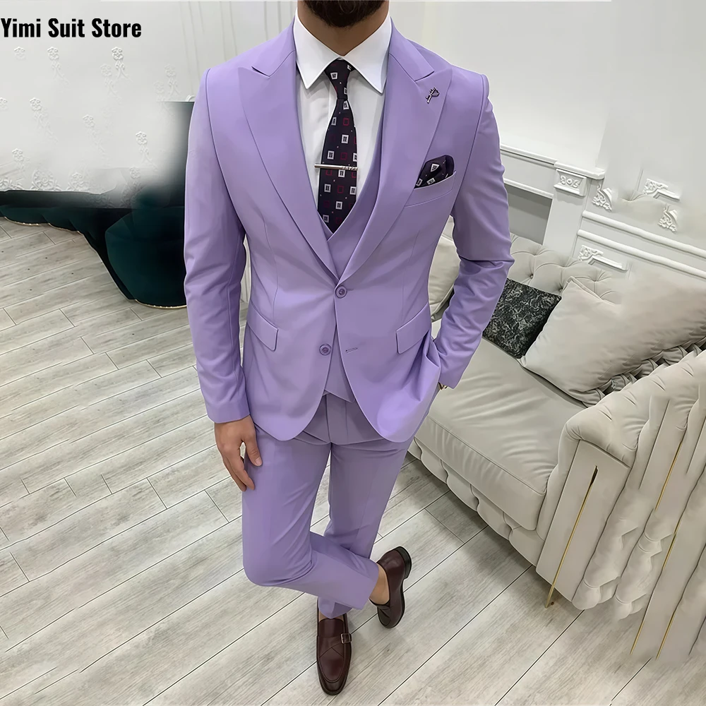 

Purple Men' Suits For Wedding 3 Pieces Peaked Lapel One Breasted Summer Party Groom Tuxedo Banquet Suit Jacket+Vest+Pants