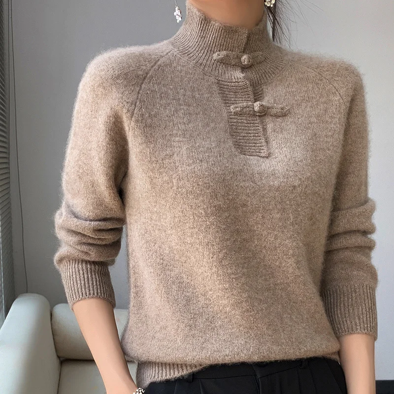 Women 100% Merino Wool Chinese Style Buckle Sweater Half-high Collar Knitted Basic Pullover Autumn Winter Thickening Soft Top