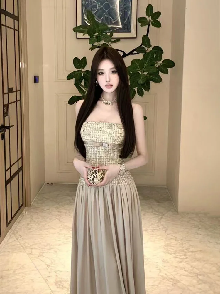 

Летнее-весеннее клетчатое вечернее платье Stazf7 без бретелек, женское, больших размеров, с завышенной талией, А-силуэт, во французском стиле, для города и свиданий