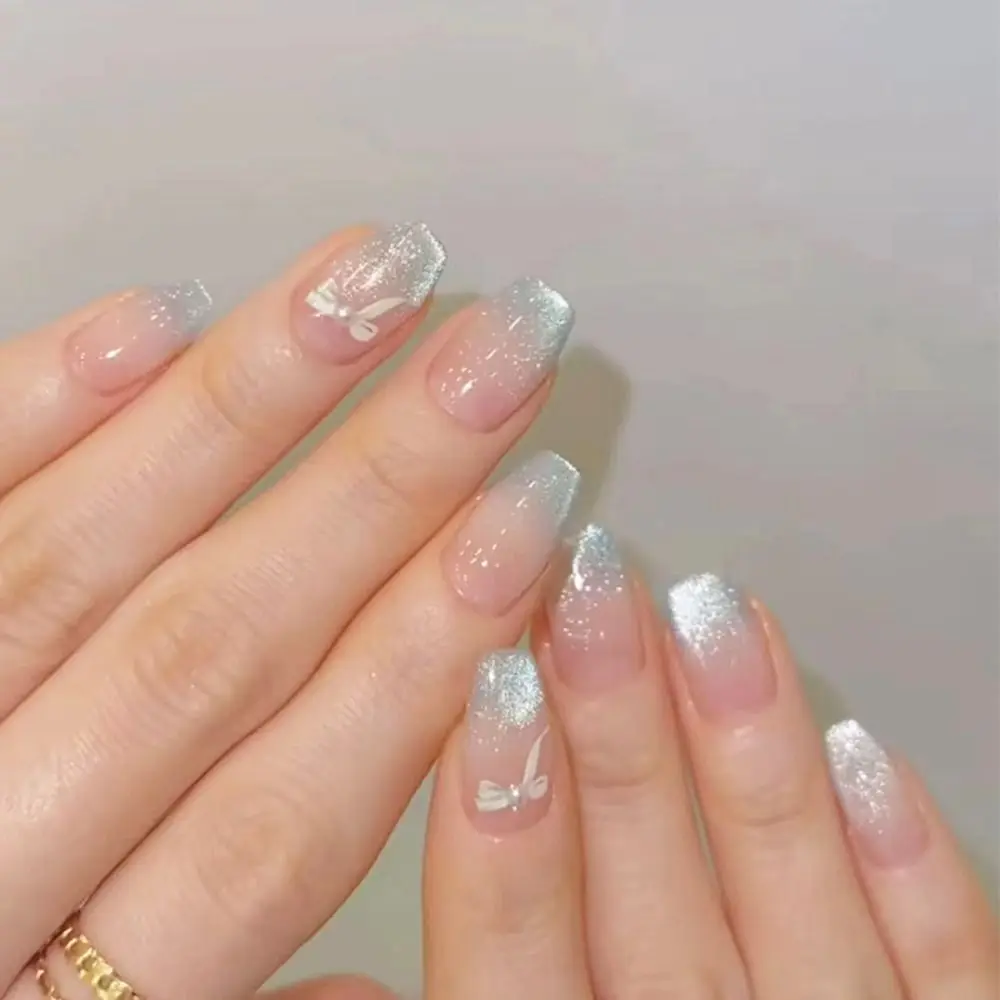 Manicura larga bailarina de almendra y uñas postizas cuadradas flores brillo sol Luna prensa en uñas azul de ensueño francés falso Nials DIY