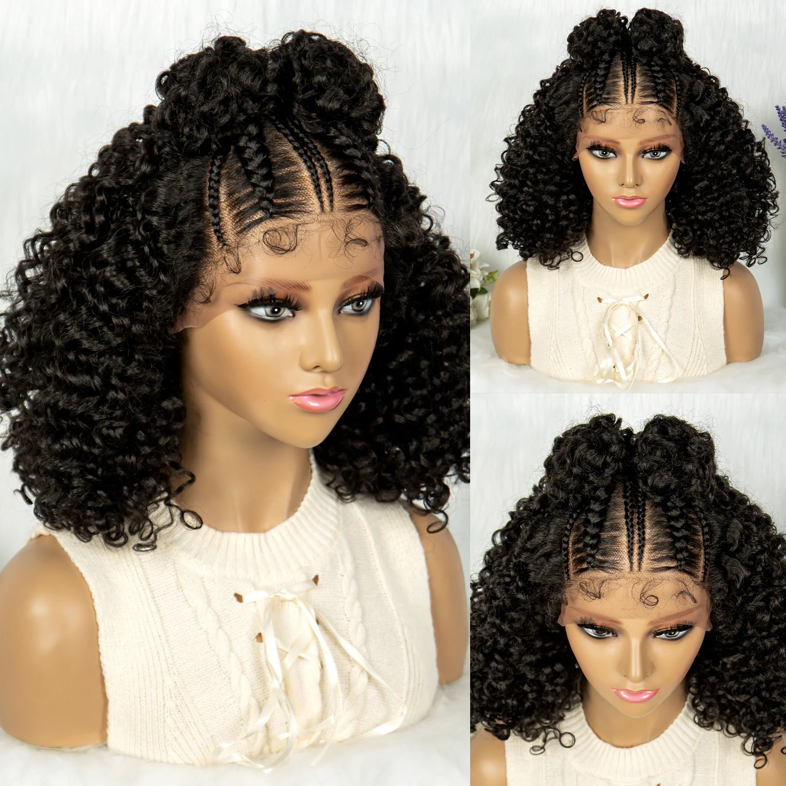 Kima Synthetic Curly Bob Frontal Cornrow Twisted 16 inches 13*4 Lace Front Wig Top Knot Braided Ribbon Bun Braided Wigs