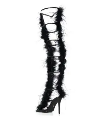 Black Feather Fur Small Buckles Gladiator Pointed Toe 10 12 CM Thin Heels Over The Knee Boots Women Long Sandals Boots Shoes