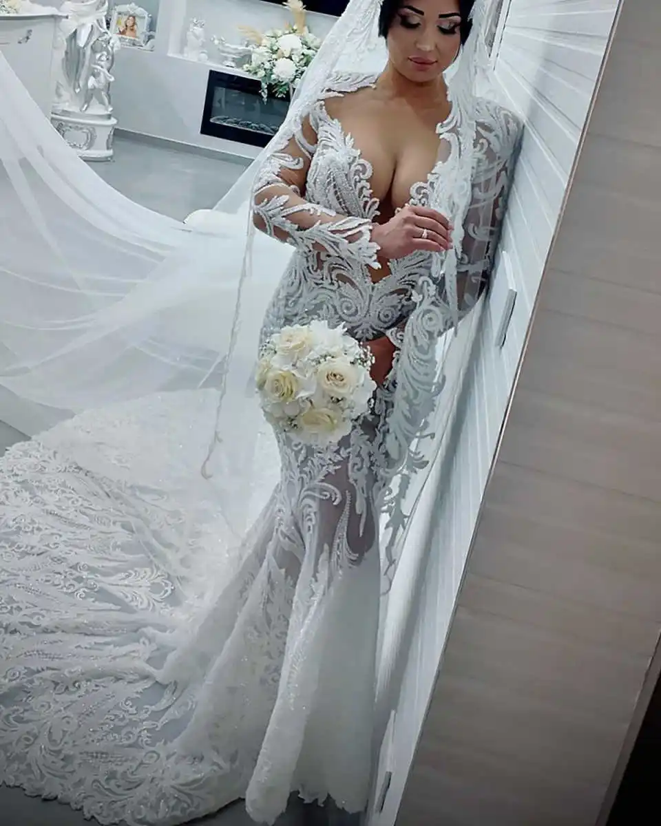 Vestidos de novia de sirena a la moda para mujer, vestido de manga larga con cuello en V, apliques de lentejuelas, tren de barrido sin espalda, vestido de fiesta personalizado