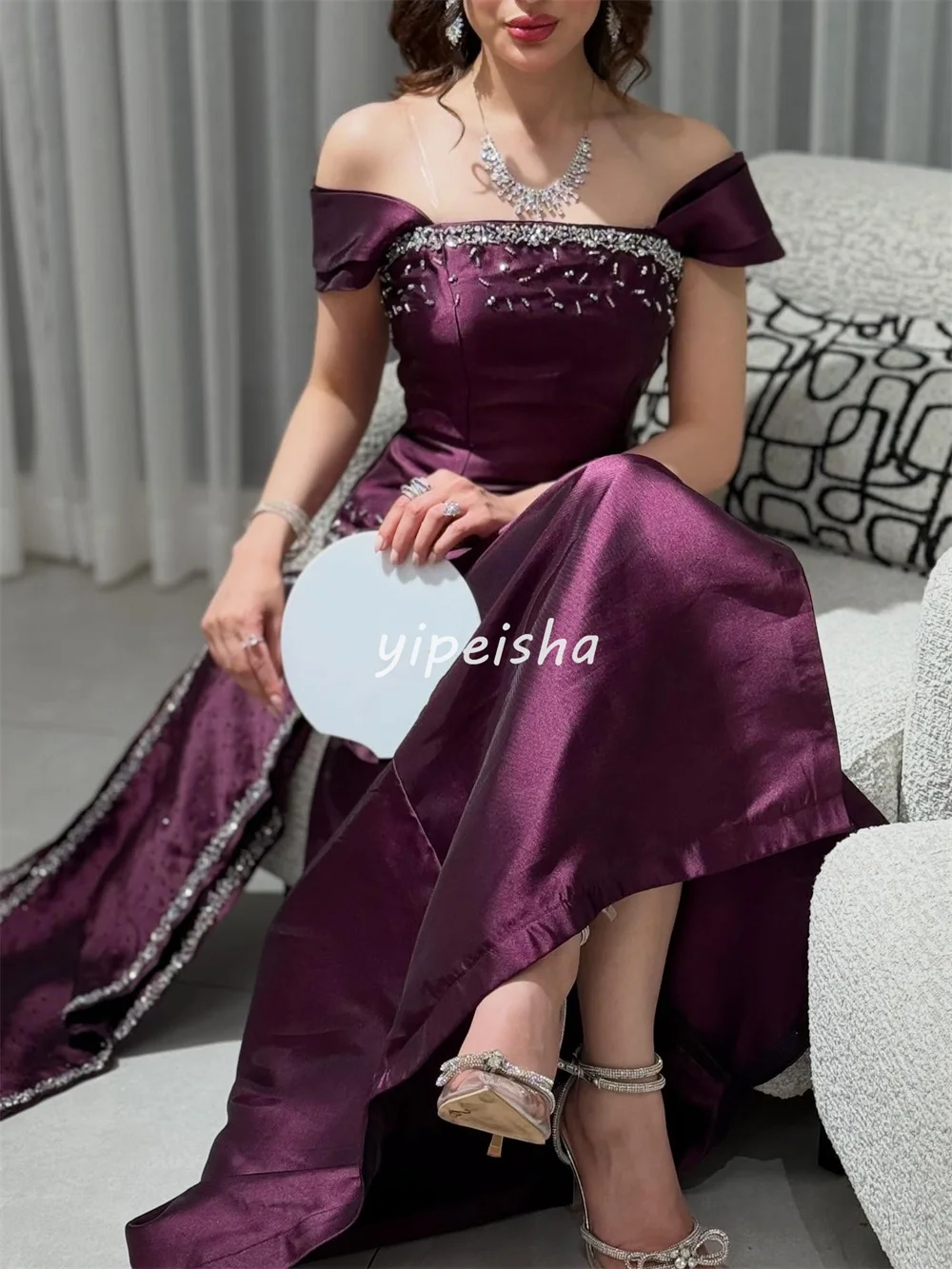 Customized High Quality Exquisite Charmeuse Rhinestone Sequined Straight Off-the-shoulder Long Dresses Bespoke Occasion Dresses