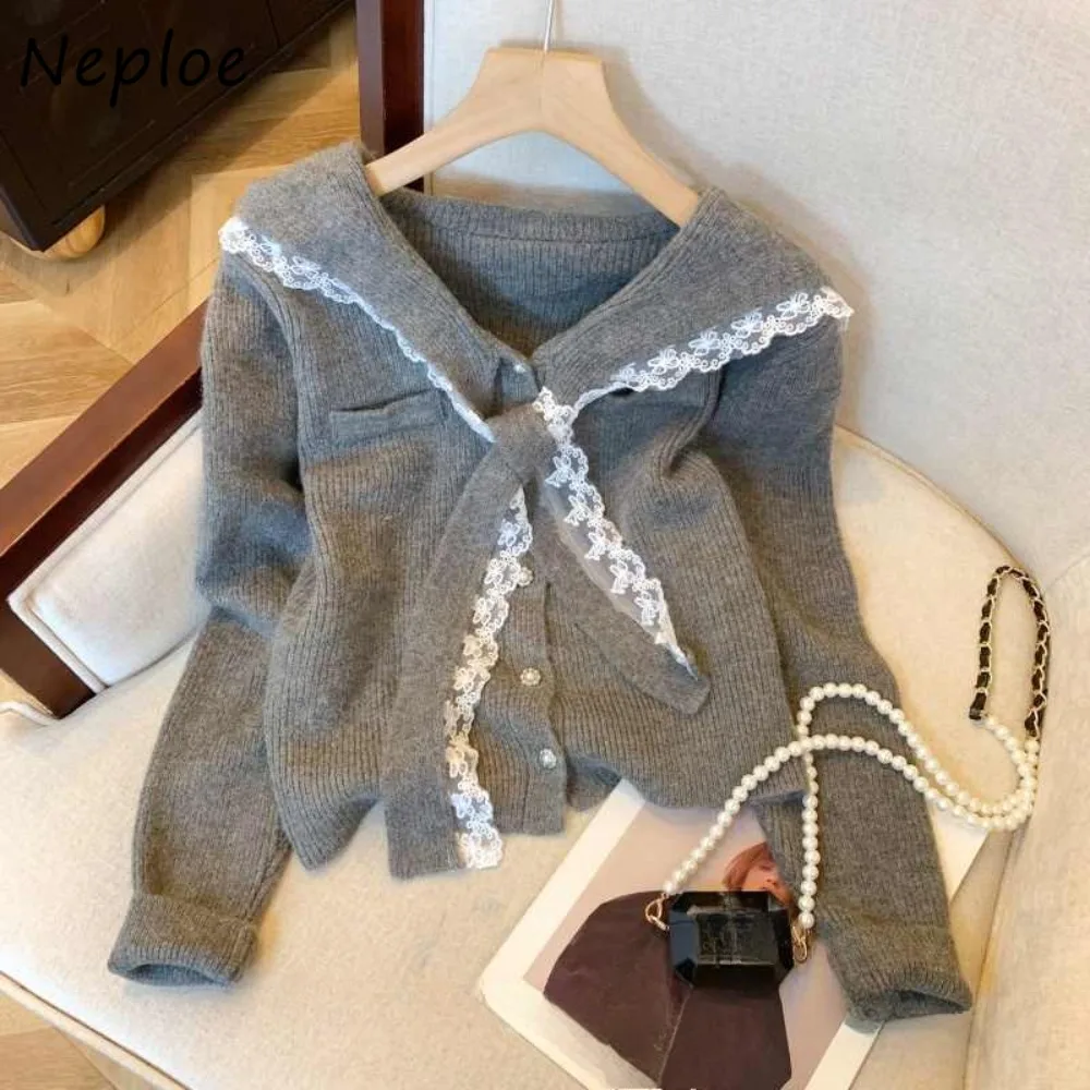 Neploe Simple Lace Up Slim Korea Commuter Cardigan Lovely Sailor Collar Bow Knit Jumper All-match Warm Lazy French Style Sweater