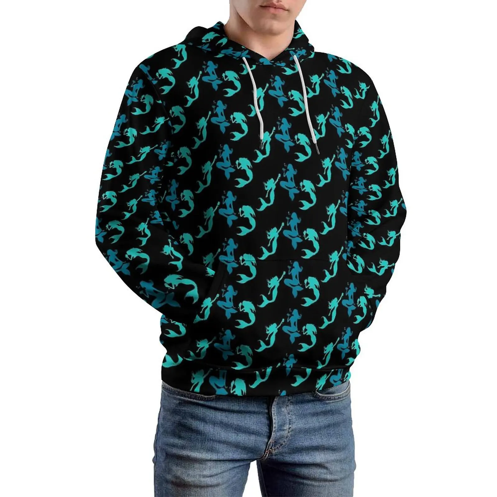 Glitter Mermaids Loose Hoodies Animal Print Casual Hoodie Men Long Sleeve Trendy Pattern Sweatshirts Plus Size 4XL 5XL