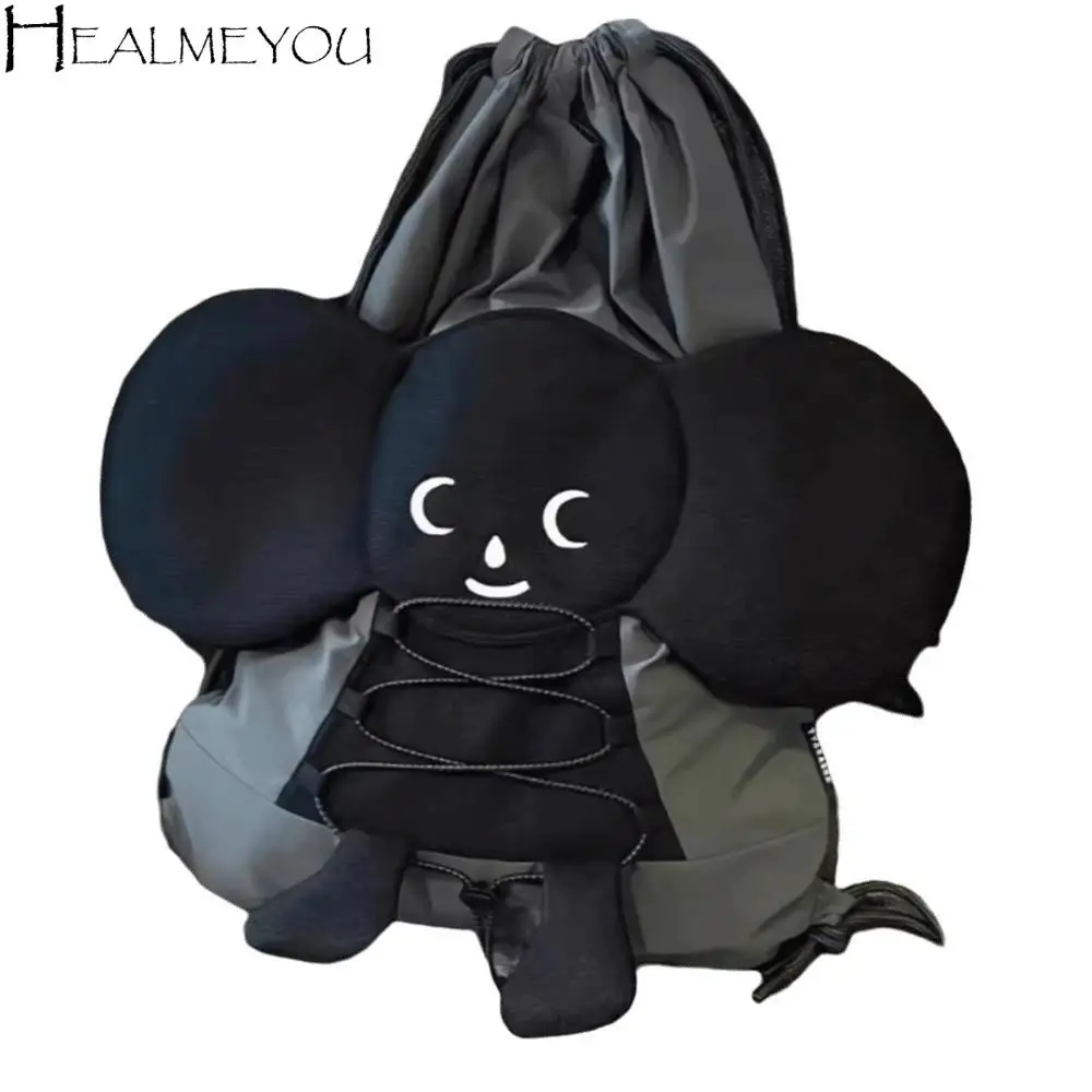 

Cute Casual Cartoon Backpack Large Capacity Drawstring Doll School Bag Adorable Lightweight Black Double Shoulder Bag Gifts