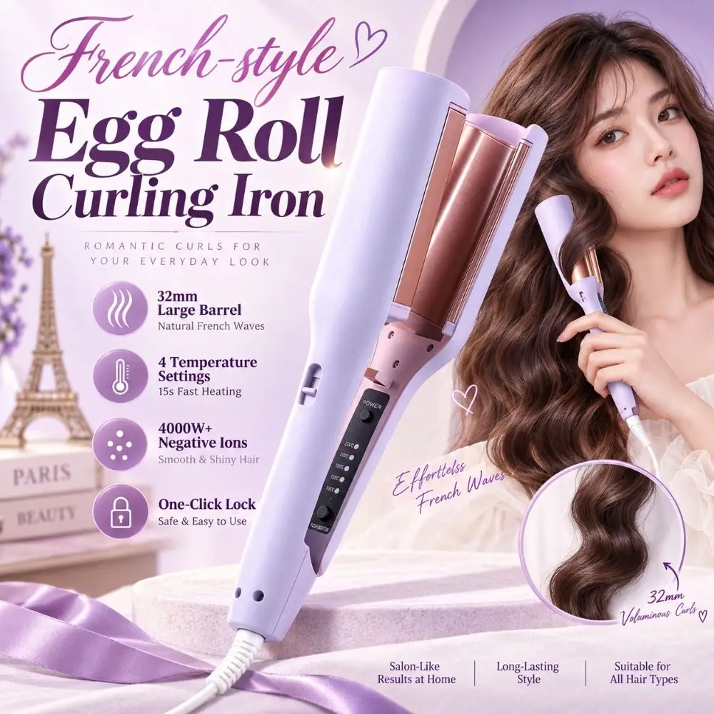 32mm French-style Egg Roll Curling Iron Clamping Portable Handle Hair Crimping Iron Purple Negative Ion Function