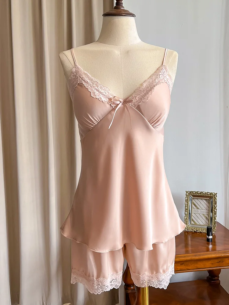 

New 2025 silk camisole vest paired with camisole, shorts, pajamas two-piece set
