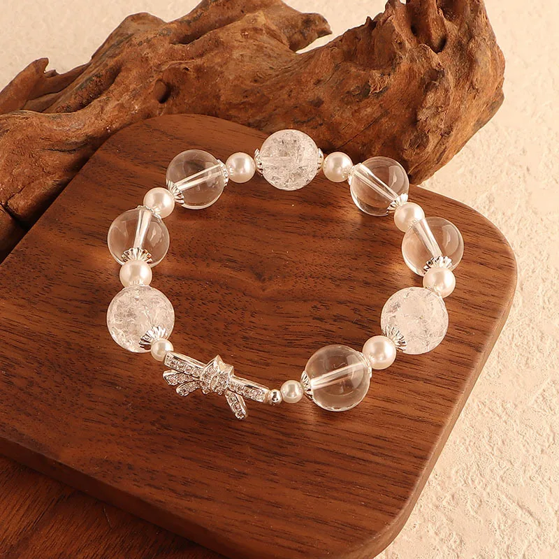 مينار خمر أسود شفاف سبج كريستال الحجر الطبيعي اللؤلؤ Bowknot ستار مطرز مطاطا ستراند أساور للنساء هدية