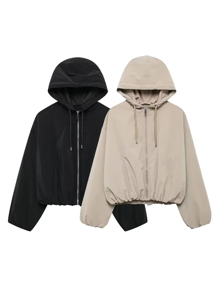 

KAOPU ZA Women with drawstring cropped hooded jacket vintage long sleeve zipper-up female outerwear chic tops