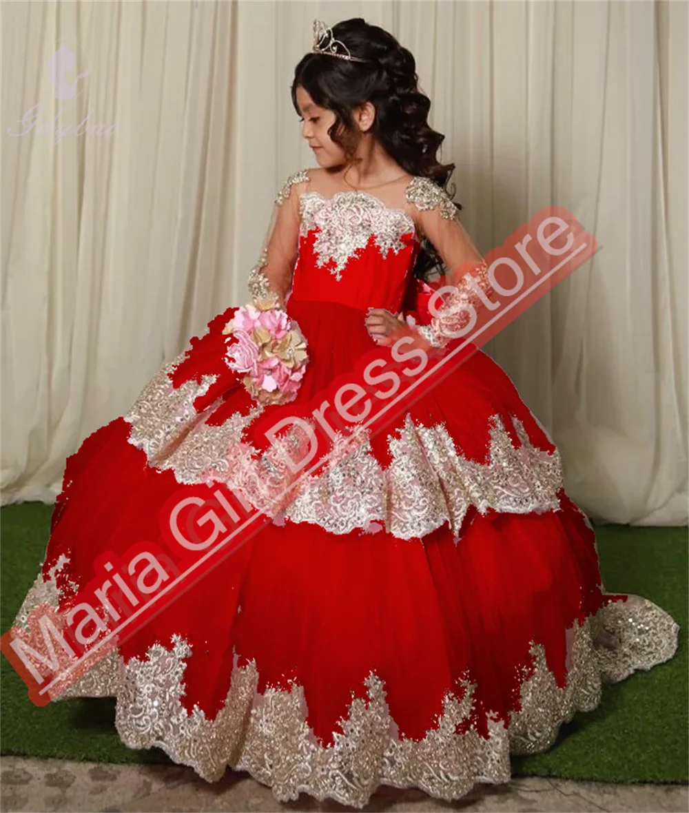 

Red Young Girl Birthday Dress Fluffy Flower Girl Dress For Wedding Banquet Show Celebration Prom Customize