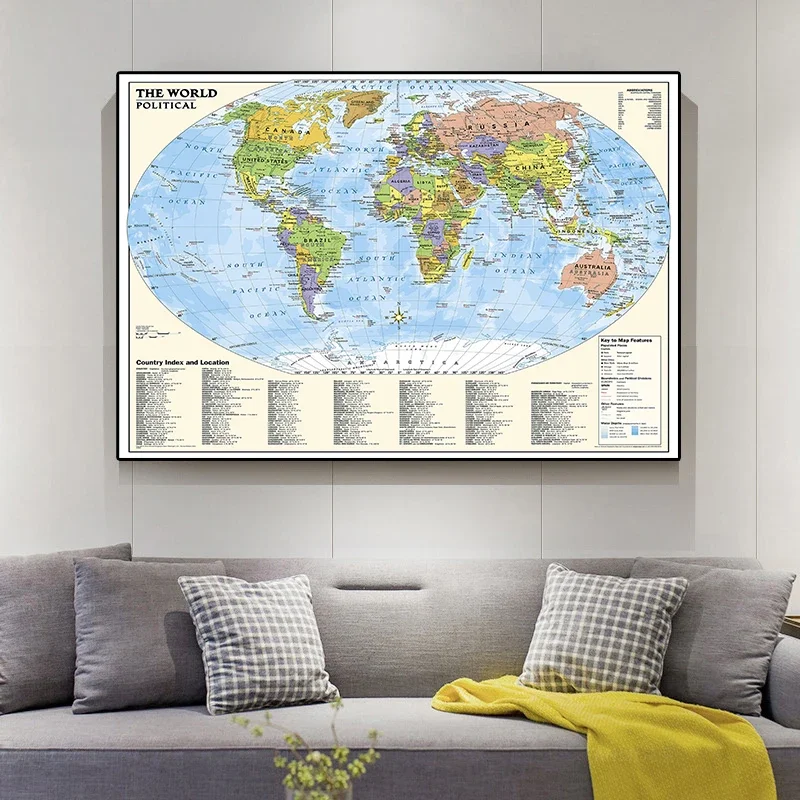 O mapa do mundo 150*100cm com índice e localização do país pintura em tela não tecida arte da parede cartaz casa escola fornecimento mapa de viagem