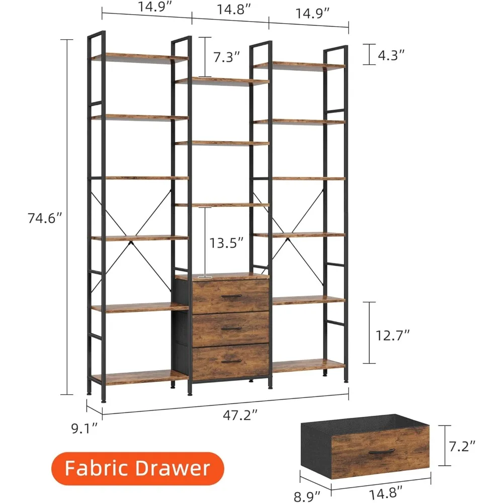 Triple Bookshelf with 3 Drawers, Wide 6-Tier Book Shelf and 10 Display Shelves, Industrial Large Bookcase for Home & Office, Rus