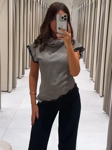 Imagen 2 del producto Tops Vintage sin mangas con empalme de encaje para mujer, ropa de calle elegante con cuello levantado, camiseta ajustada con dobladillo asimétrico, novedad de primavera