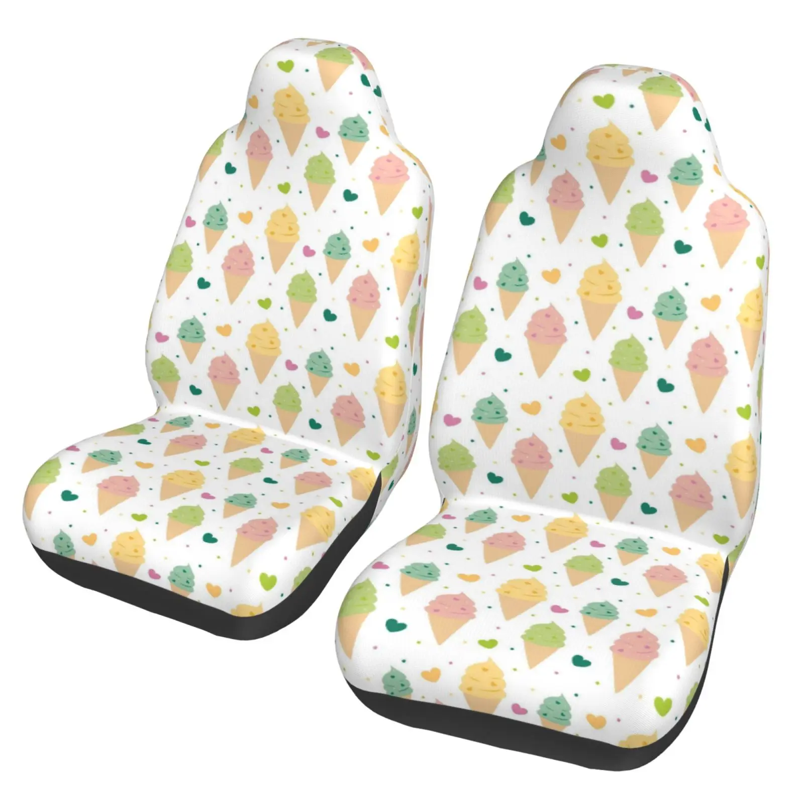 Colorful Ice Cream Cartoon Pattern Car Seat Covers Set 2 Pcs Elastic Auto Interior Car Accessories Protectors Non-Slip Auto Cove