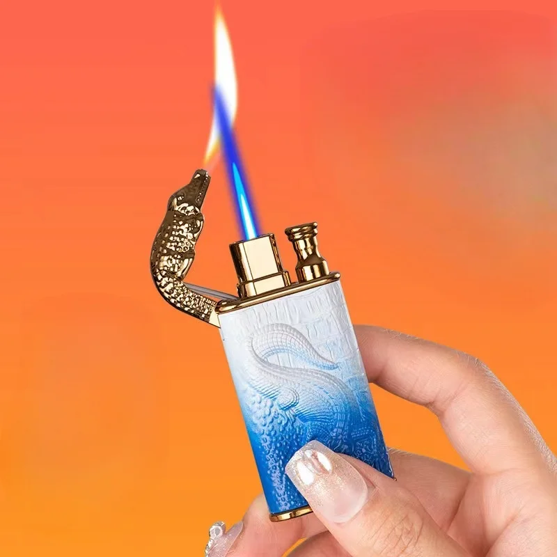 2023 3D Relief Dragon Crocodile Double Fire Lighter Metal Windproof Jet Fire Open Fire Conversion Gas Lighter Smoking Men\'s Gift