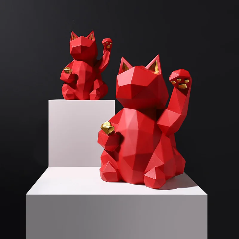 European Style Matte Geometric Lucky Cat Statue Resin Craft For Living Room Desktop Home Decor Shop Opening Business Gift