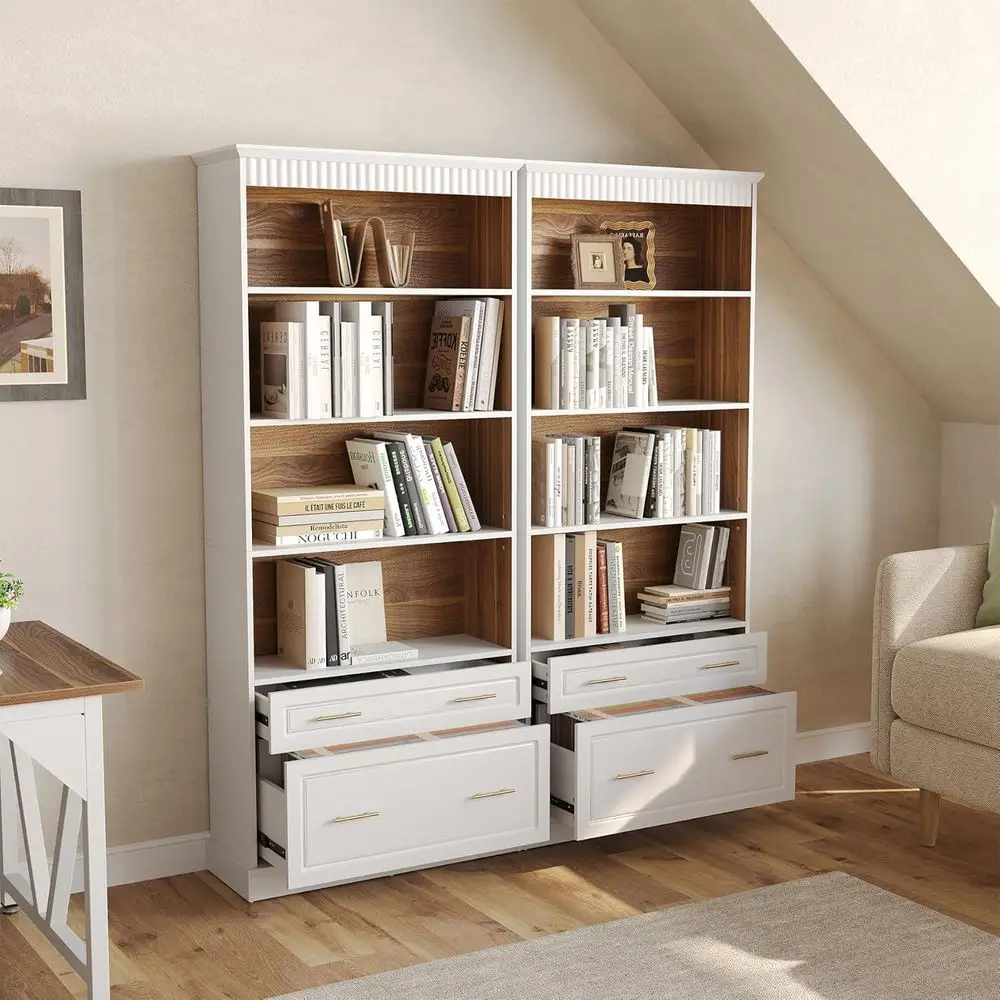 

Белый книжный шкаф с 5 полками и выдвижными ящиками для домашнего офиса или гостиной (комплект из 2 штук)