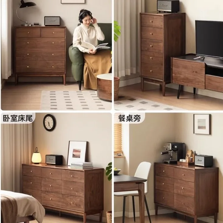 New Chinese Style Solid Wood Nine-Drawer Cabinet, Modern EntrywayCabinet, Walnut Bedroom StorageCabinet, Nordic Drawer Bedside