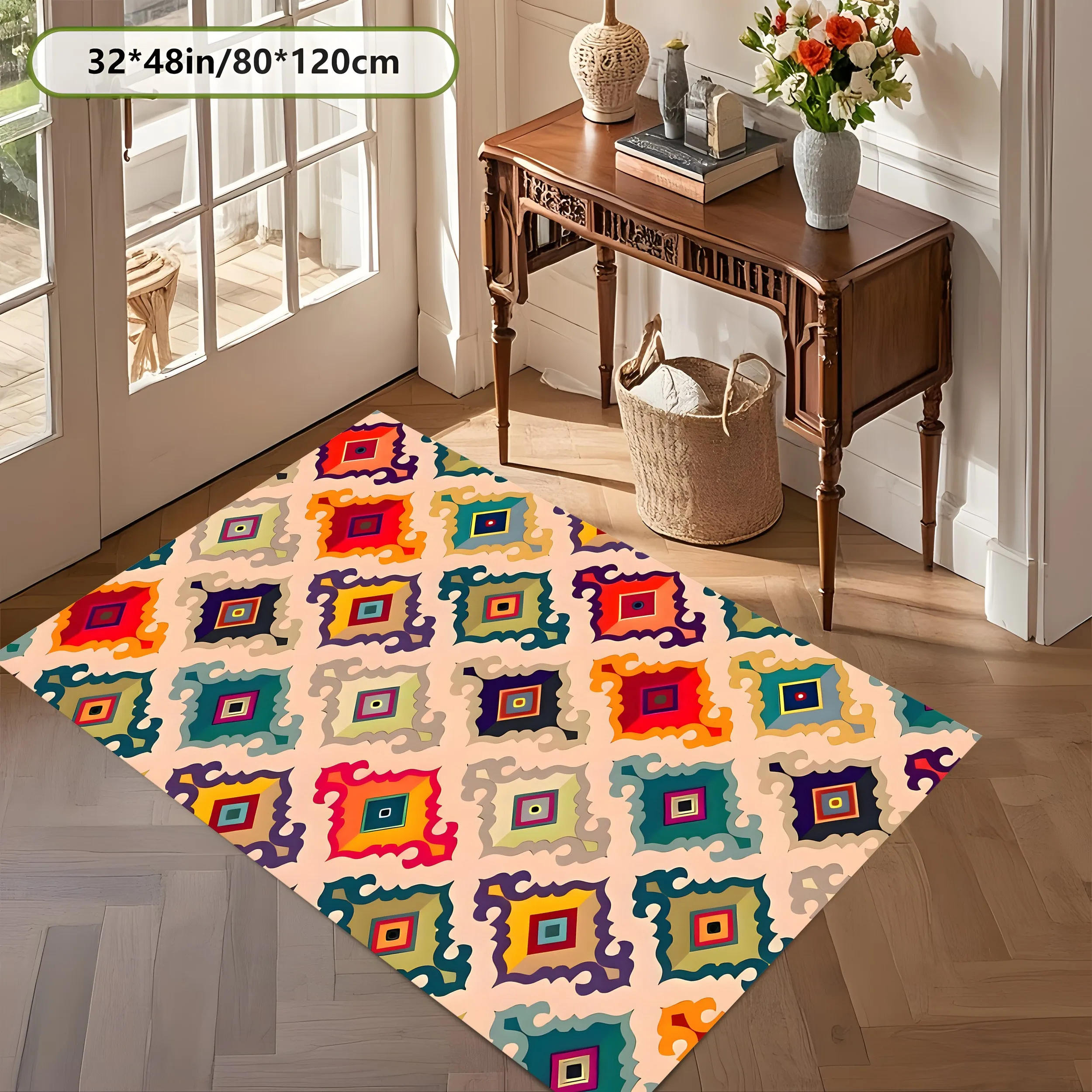 Vintage Ethnic Area Rug, Colorful Diamond Geometric Pattern, Soft Plush Velvet for Living Room Bedroom Home Decor