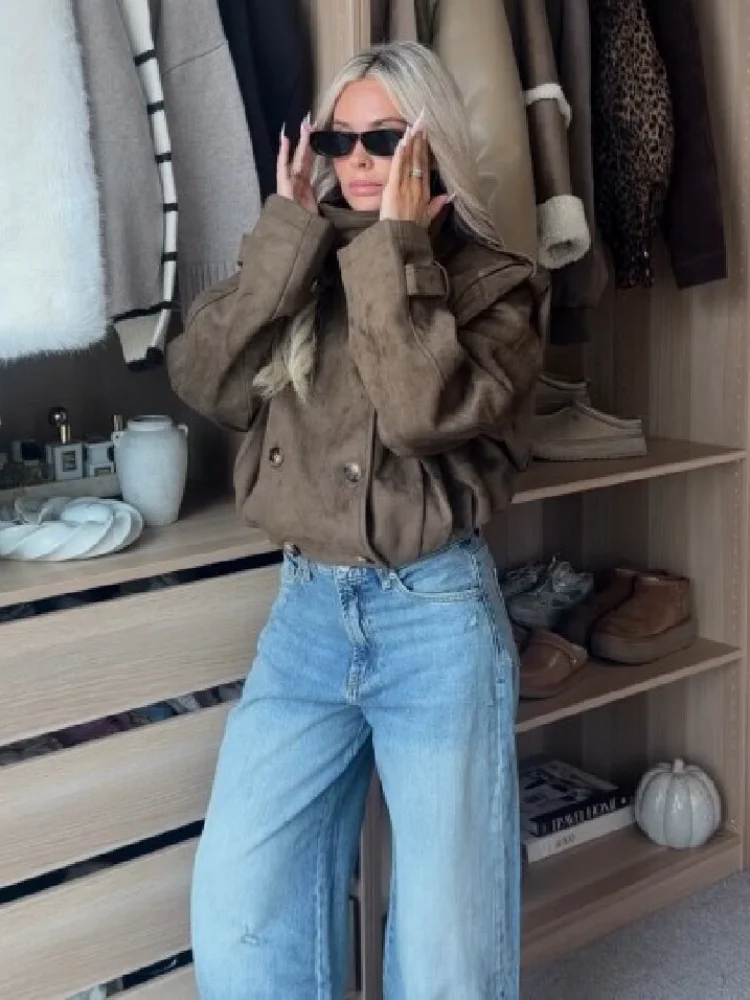 Trendige Stehkragen-Kurzjacke, Modischer Doppelreihiger Langarm-Mantel, Schicker Pendler-Mantel, Herbst 2026 Neu, Tägliche Casual-Streetwear – Detail 1